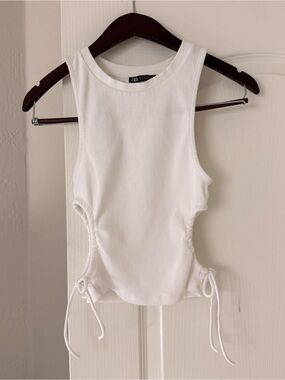 Zara Ribbed Tank Top White Side Ruched Drawstring Size M Fitted